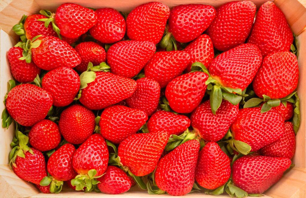Closeup of strawberries box view from above